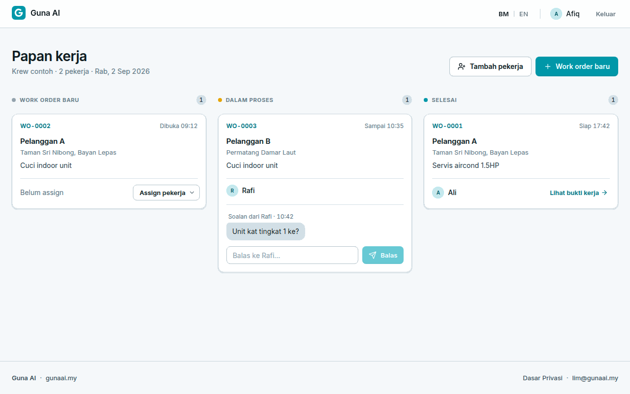 Guna AI work board with jobs in New, In progress, and Done columns.